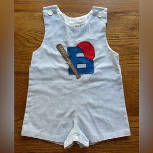 Samara 3T Vintage blue and white Striped Jon-Jon with Baseball/B applique
